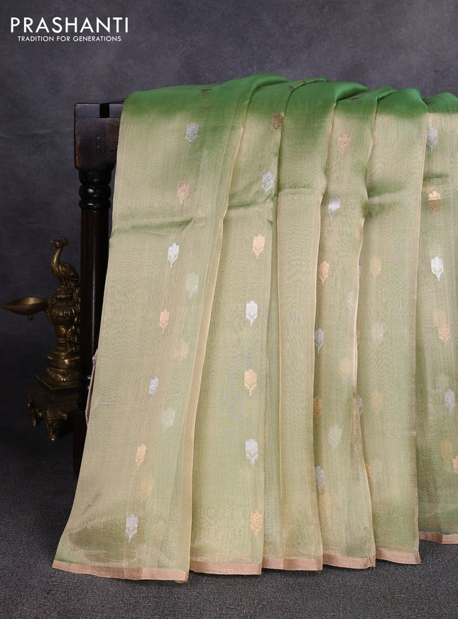 Banarasi tissue silk saree light green with allover silver & zari woven floral buttas and zari woven piping border