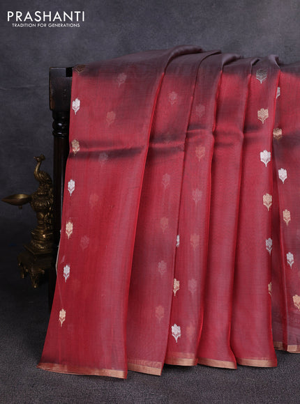 Banarasi tissue silk saree maroon with allover silver & zari woven floral buttas and zari woven piping border