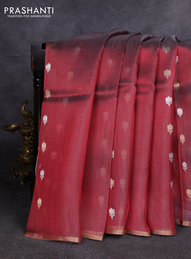 Banarasi tissue silk saree maroon with allover silver & zari woven floral buttas and zari woven piping border