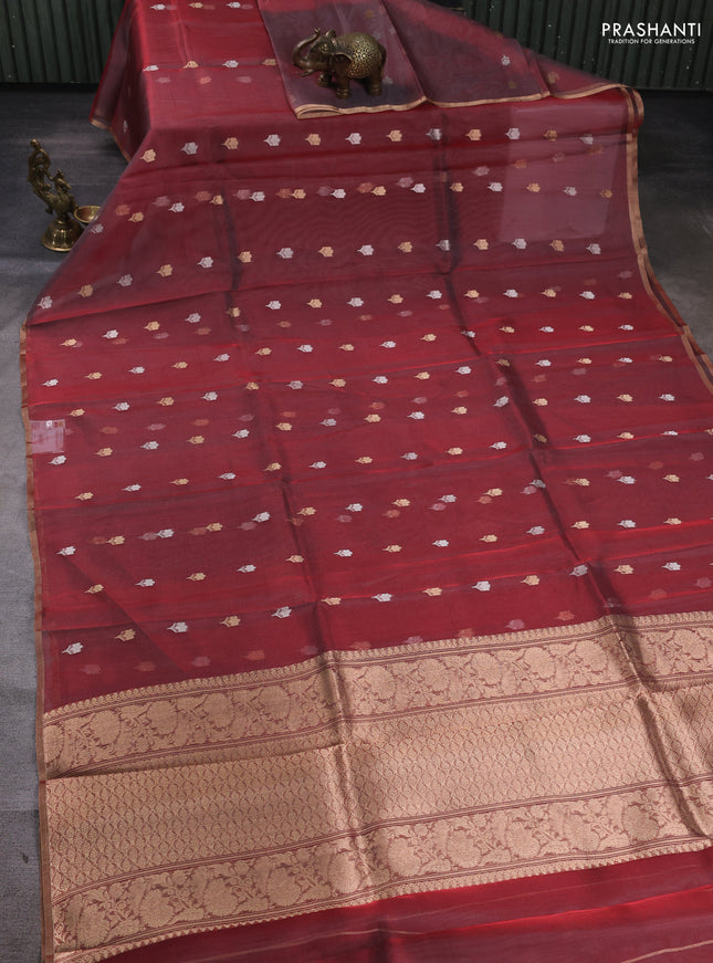 Banarasi tissue silk saree maroon with allover silver & zari woven floral buttas and zari woven piping border