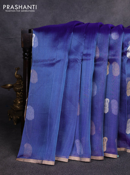 Banarasi tissue silk saree dual shade of blue with allover silver & zari woven paisley buttas and zari woven piping border