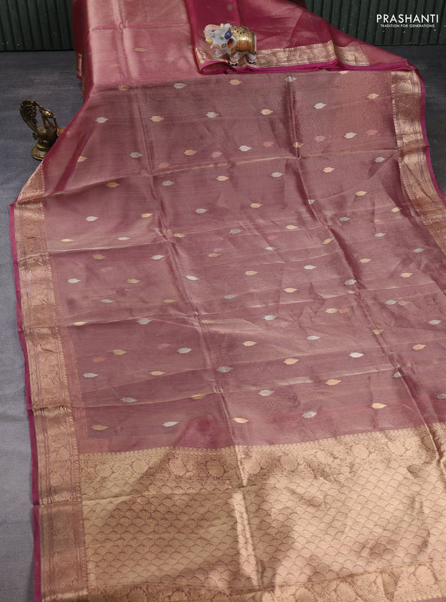 Banarasi tissue silk saree magenta pink with alllover silver & zari woven buttas and zari woven border