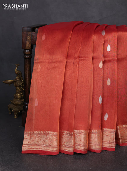 Banarasi tissue silk saree rust shade with allover silver & zari woven buttas and zari woven border