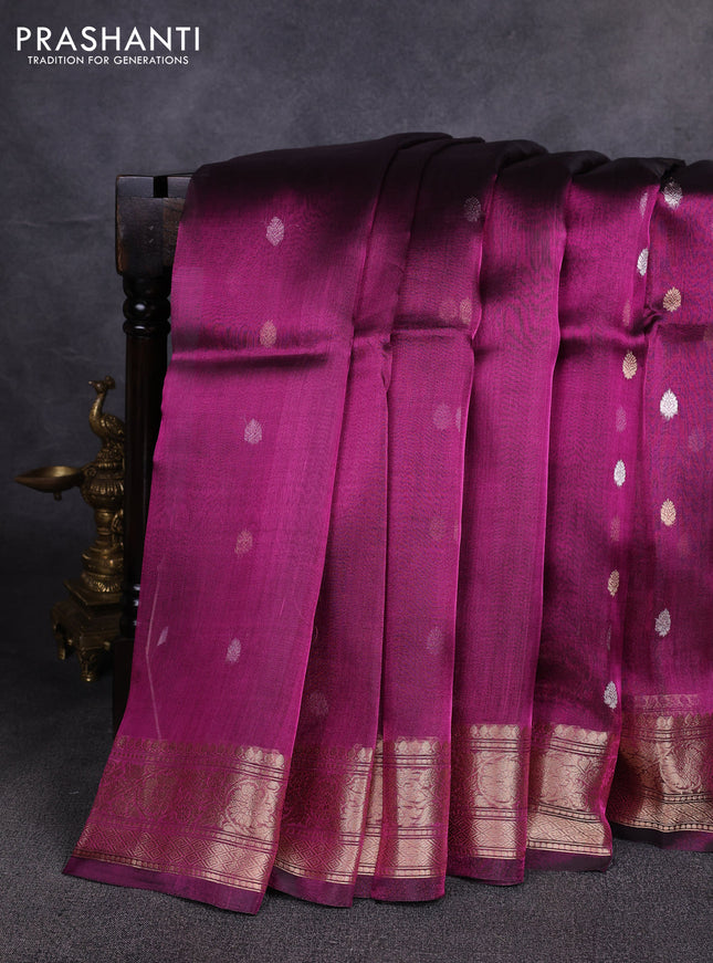Banarasi tissue silk saree deep purple with allover zari woven floral buttas and zari woven border