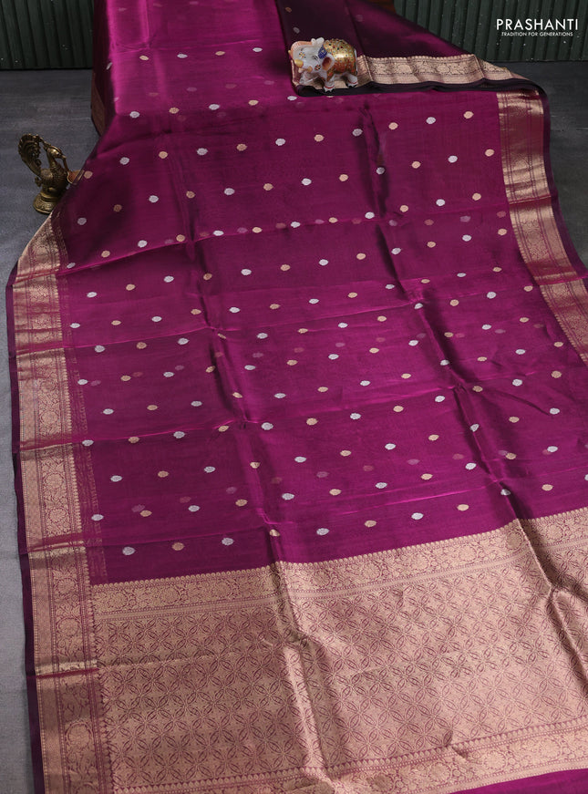 Banarasi tissue silk saree deep purple with allover zari woven floral buttas and zari woven border