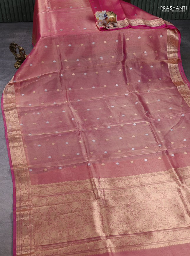 Banarasi tissue silk saree pink with allover silver & zari woven buttas and zari woven border