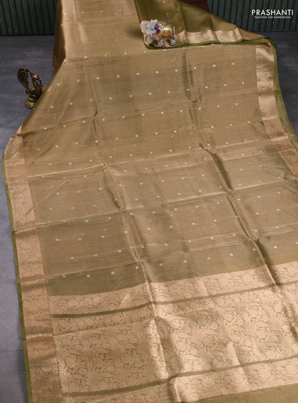 Banarasi tissue silk saree green shade with alllover silver & zari woven buttas and zari woven border
