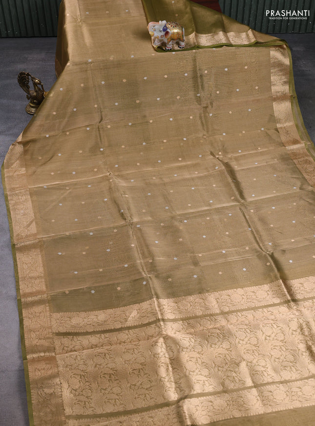Banarasi tissue silk saree green shade with alllover silver & zari woven buttas and zari woven border