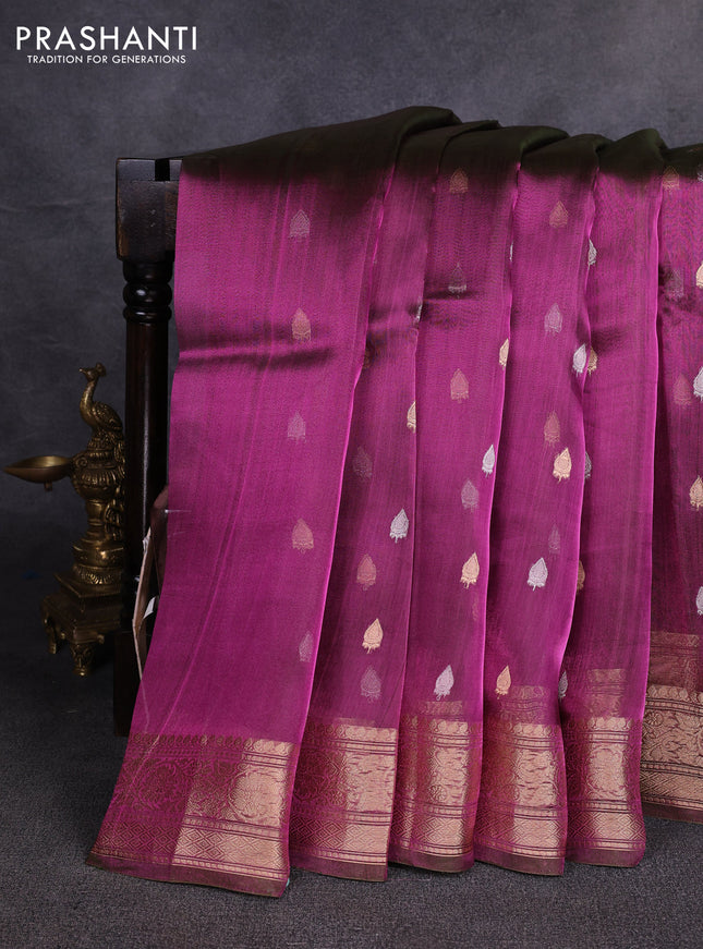 Banarasi tissue silk saree dual shade of pinkish green with allover silver & zari woven buttas and zari woven border