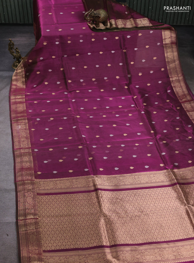 Banarasi tissue silk saree dual shade of pinkish green with allover silver & zari woven buttas and zari woven border