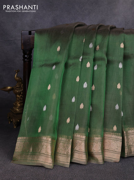 Banarasi tissue silk saree dual shade of green with allover silver & zari woven buttas and zari woven border