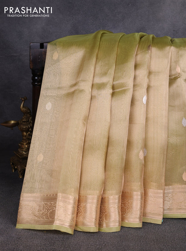 Banarasi tissue silk saree pista green with allover silver & zari woven buttas and zari woven border