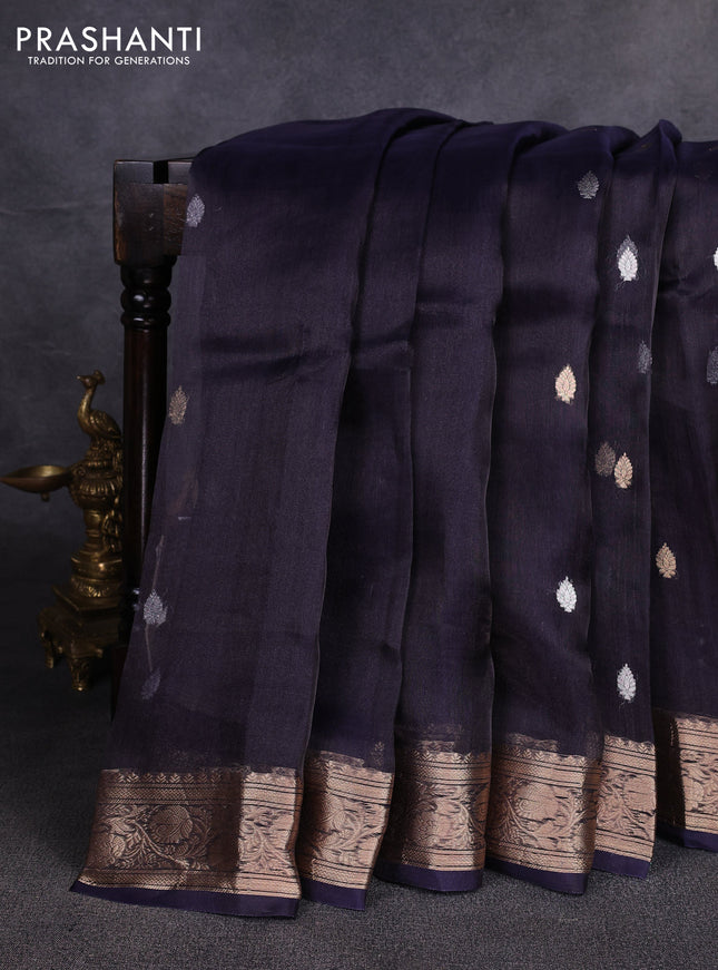 Banarasi tissue silk saree navy blue with allover silver & zari woven buttas and zari woven border