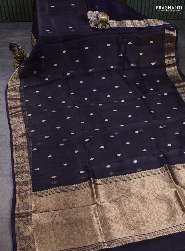 Banarasi tissue silk saree navy blue with allover silver & zari woven buttas and zari woven border