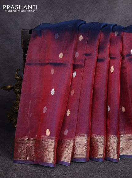 Banarasi tissue silk saree dual shade of bluish maroon with allover silver & zari woven buttas and zari woven border