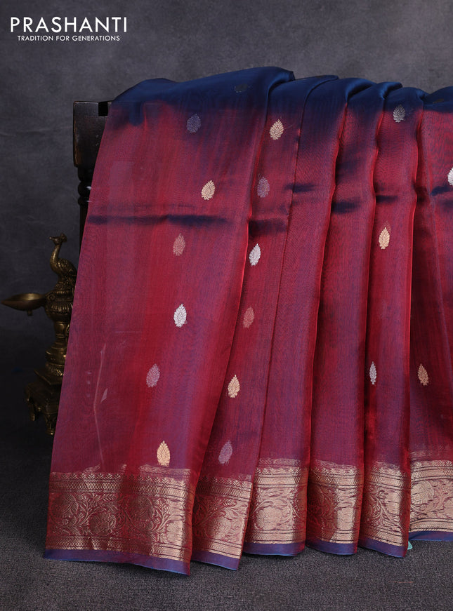 Banarasi tissue silk saree dual shade of bluish maroon with allover silver & zari woven buttas and zari woven border