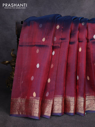 Banarasi tissue silk saree dual shade of bluish maroon with allover silver & zari woven buttas and zari woven border