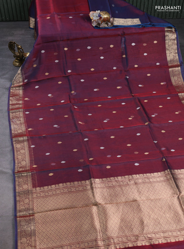 Banarasi tissue silk saree dual shade of bluish maroon with allover silver & zari woven buttas and zari woven border