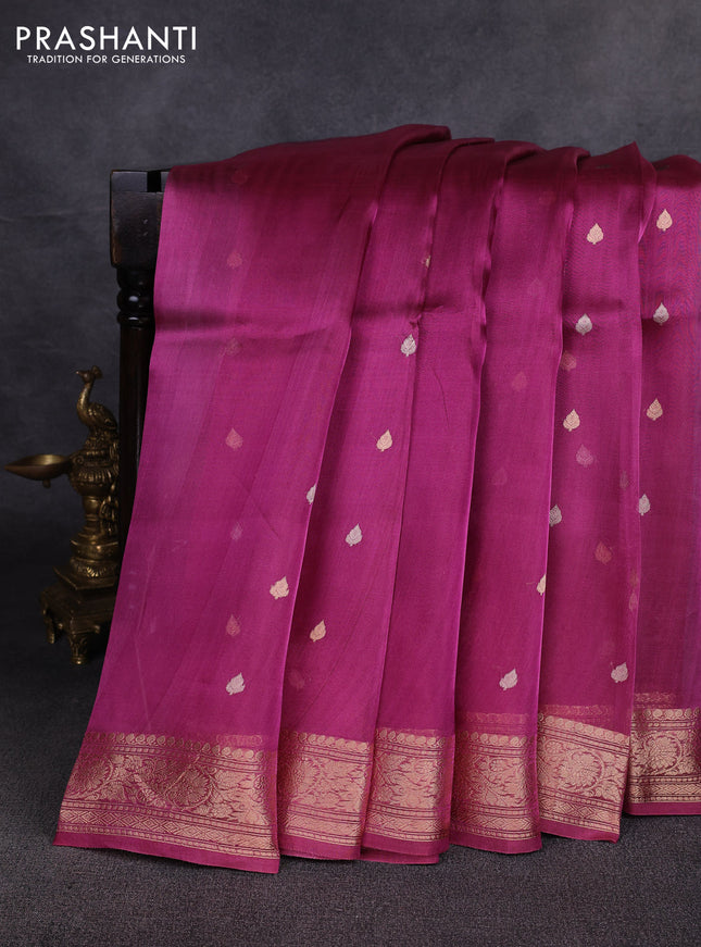 Banarasi tissue silk saree dark magenta pink with allover silver & zari woven buttas and zari woven border