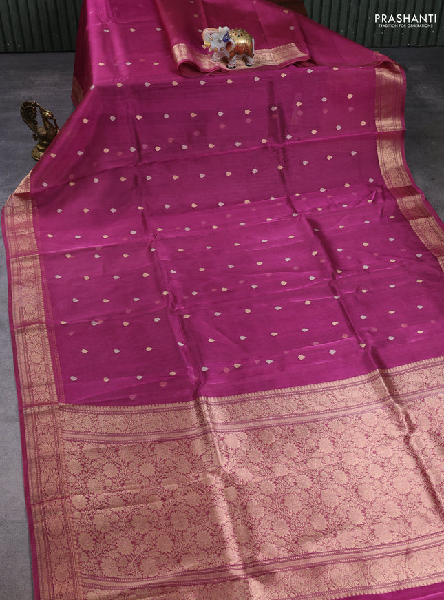 Banarasi tissue silk saree dark magenta pink with allover silver & zari woven buttas and zari woven border