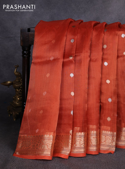 Banarasi tissue silk saree rustic orange with allover silver & zari woven buttas and zari woven border