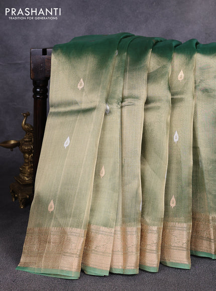 Banarasi tissue silk saree green shade with allover silver & zari woven buttas and zari woven border