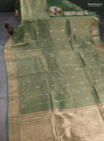 Banarasi tissue silk saree green shade with allover silver & zari woven buttas and zari woven border