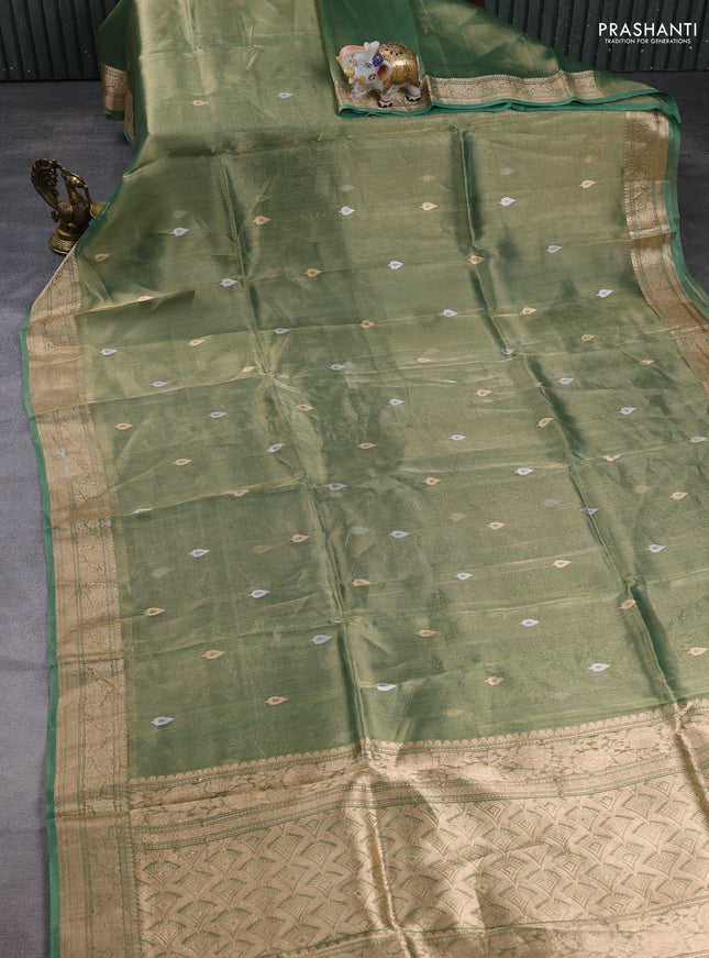 Banarasi tissue silk saree green shade with allover silver & zari woven buttas and zari woven border
