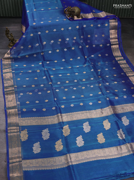 Banarasi tissue silk saree royal blue with allover silver & zari woven buttas and zari woven border