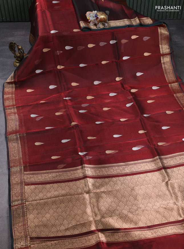 Banarasi tissue silk saree deep maroon with allover silver & zari woven buttas and zari woven border