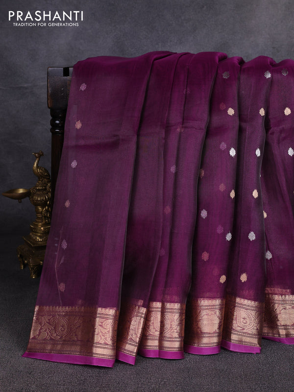 Banarasi tissue silk saree magenta pink with allover silver & zari woven buttas and zari woven border