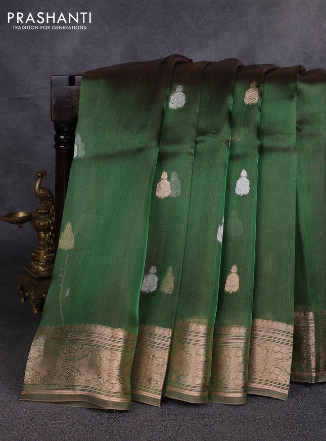 Banarasi tissue silk saree green shade with allover silver & zari woven buttas and zari woven border
