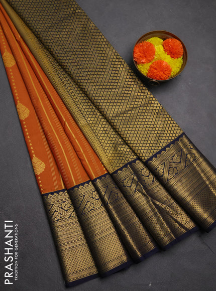 Semi kanchipuram silk saree dark mustard and navy blue with allover zari weaves & buttas and long zari woven korvai border