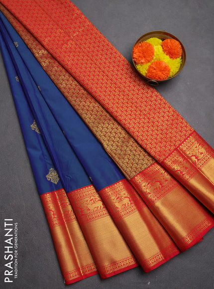 Semi kanchipuram silk saree dual shade of bluish green and red with zari woven buttas and long zari woven border