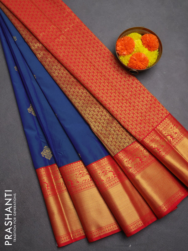 Semi kanchipuram silk saree dual shade of bluish green and red with zari woven buttas and long zari woven border