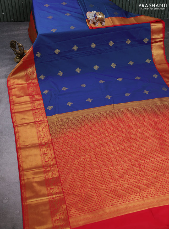 Semi kanchipuram silk saree dual shade of bluish green and red with zari woven buttas and long zari woven border