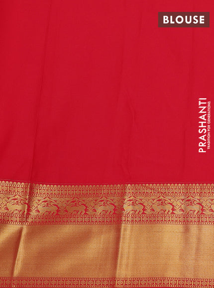 Semi kanchipuram silk saree dual shade of bluish green and red with zari woven buttas and long zari woven border