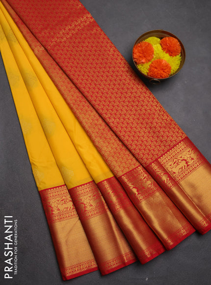 Semi kanchipuram silk saree yellow and red with zari woven buttas and long zari woven border