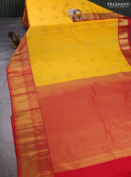 Semi kanchipuram silk saree yellow and red with zari woven buttas and long zari woven border
