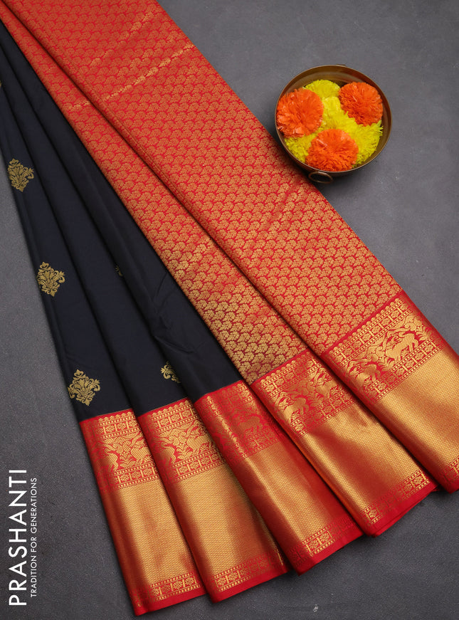 Semi kanchipuram silk saree black and red with zari woven buttas and long zari woven border