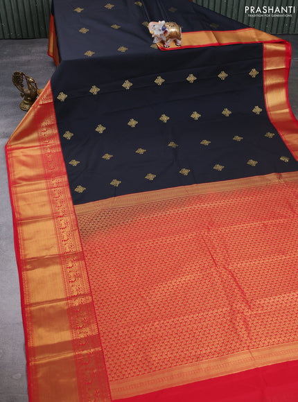 Semi kanchipuram silk saree black and red with zari woven buttas and long zari woven border