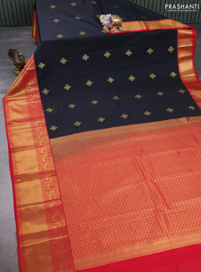 Semi kanchipuram silk saree black and red with zari woven buttas and long zari woven border