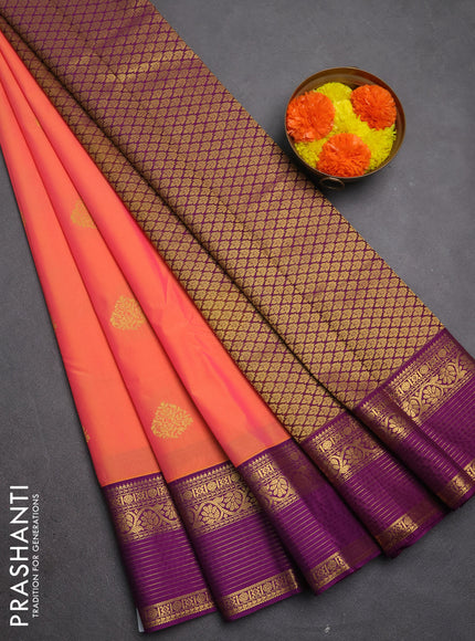 Semi kanchipuram silk saree peach orange and magenta pink with zari woven buttas and zari woven border