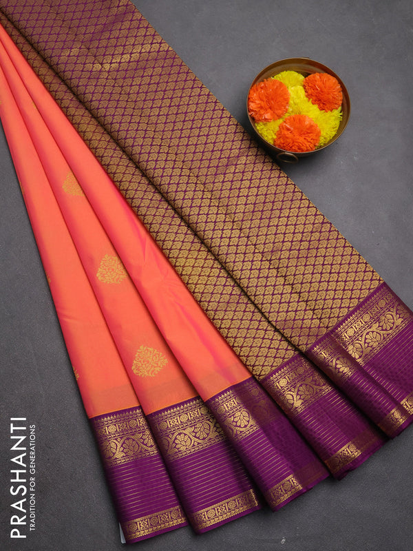Semi kanchipuram silk saree peach orange and magenta pink with zari woven buttas and zari woven border