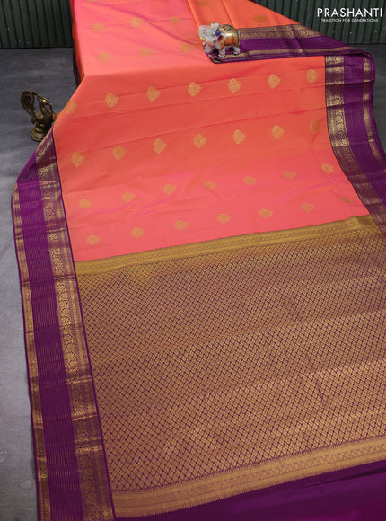 Semi kanchipuram silk saree peach orange and magenta pink with zari woven buttas and zari woven border