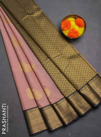 Semi kanchipuram silk saree pastel pink and navy blue with zari woven buttas and zari woven border