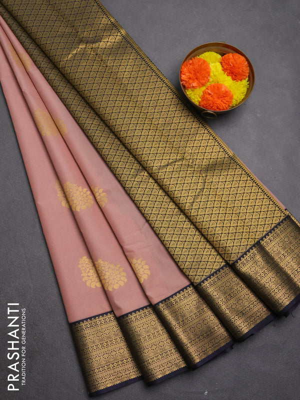 Semi kanchipuram silk saree pastel pink and navy blue with zari woven buttas and zari woven border