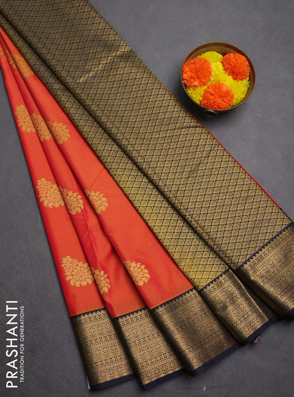 Semi kanchipuram silk saree orange and navy blue with zari woven buttas and zari woven border