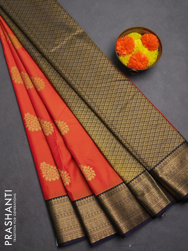 Semi kanchipuram silk saree orange and navy blue with zari woven buttas and zari woven border