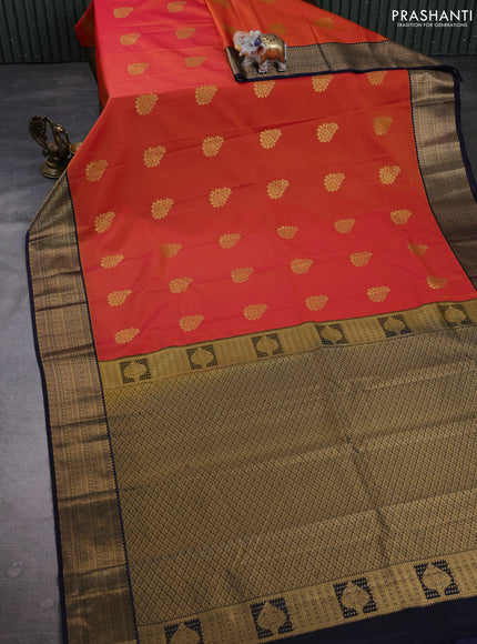 Semi kanchipuram silk saree orange and navy blue with zari woven buttas and zari woven border